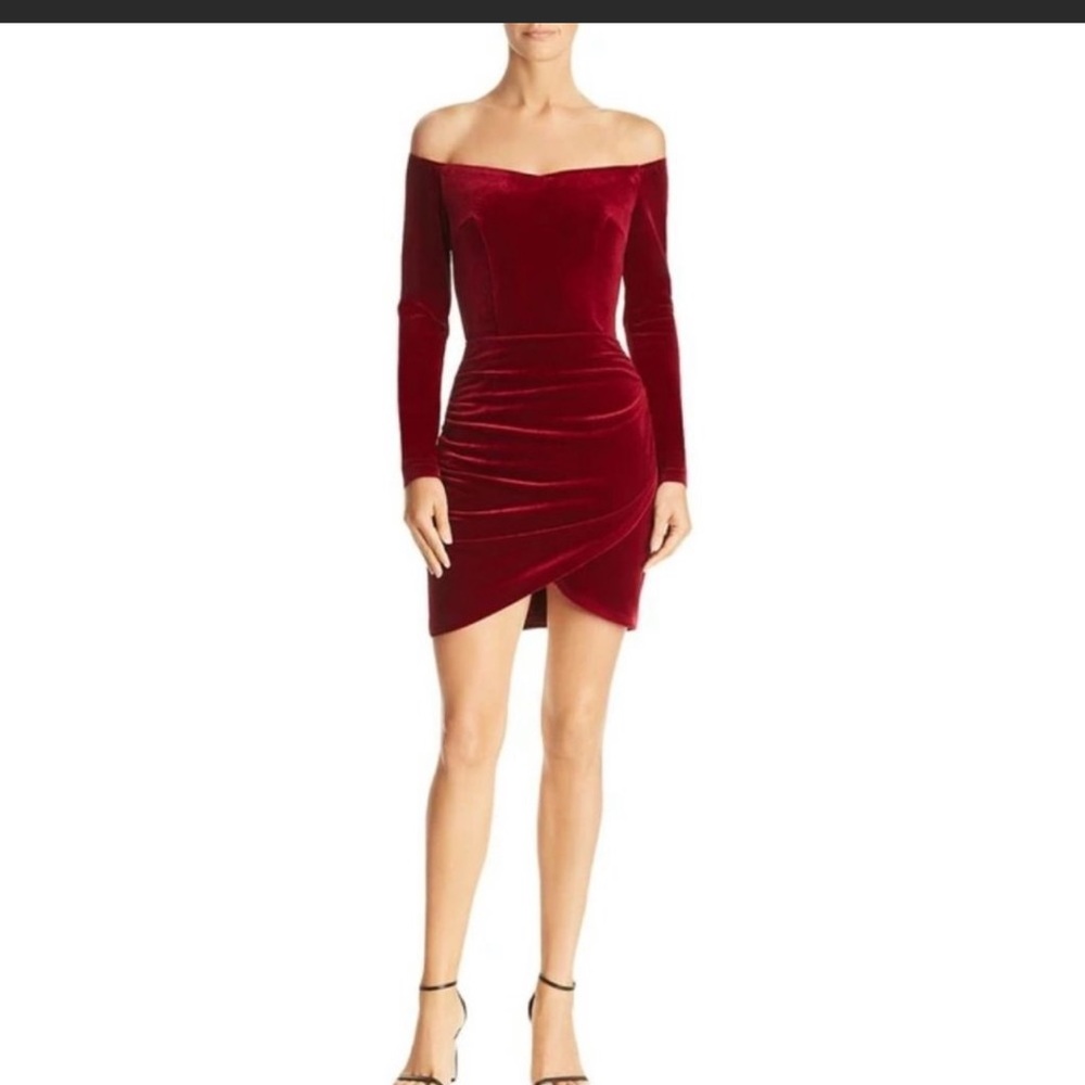Aqua off the shoulder long sleeve burgundy velvet ruched dress